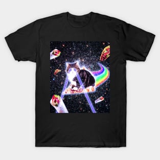 Laser Eyes Space Cat Riding Rainbow Pizza T-Shirt